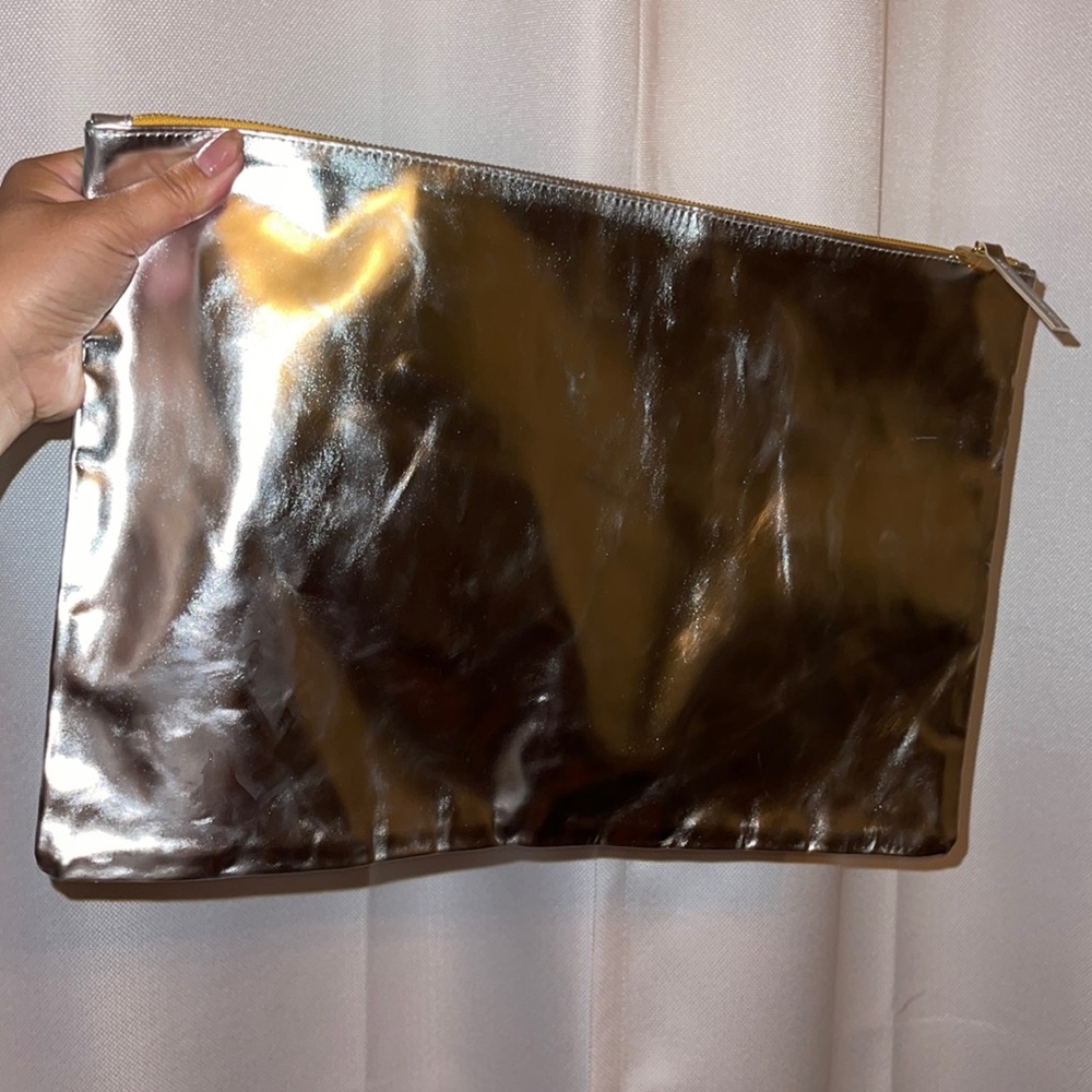 Clare Vivier large silver metallic clutch pouch laptop sleeve